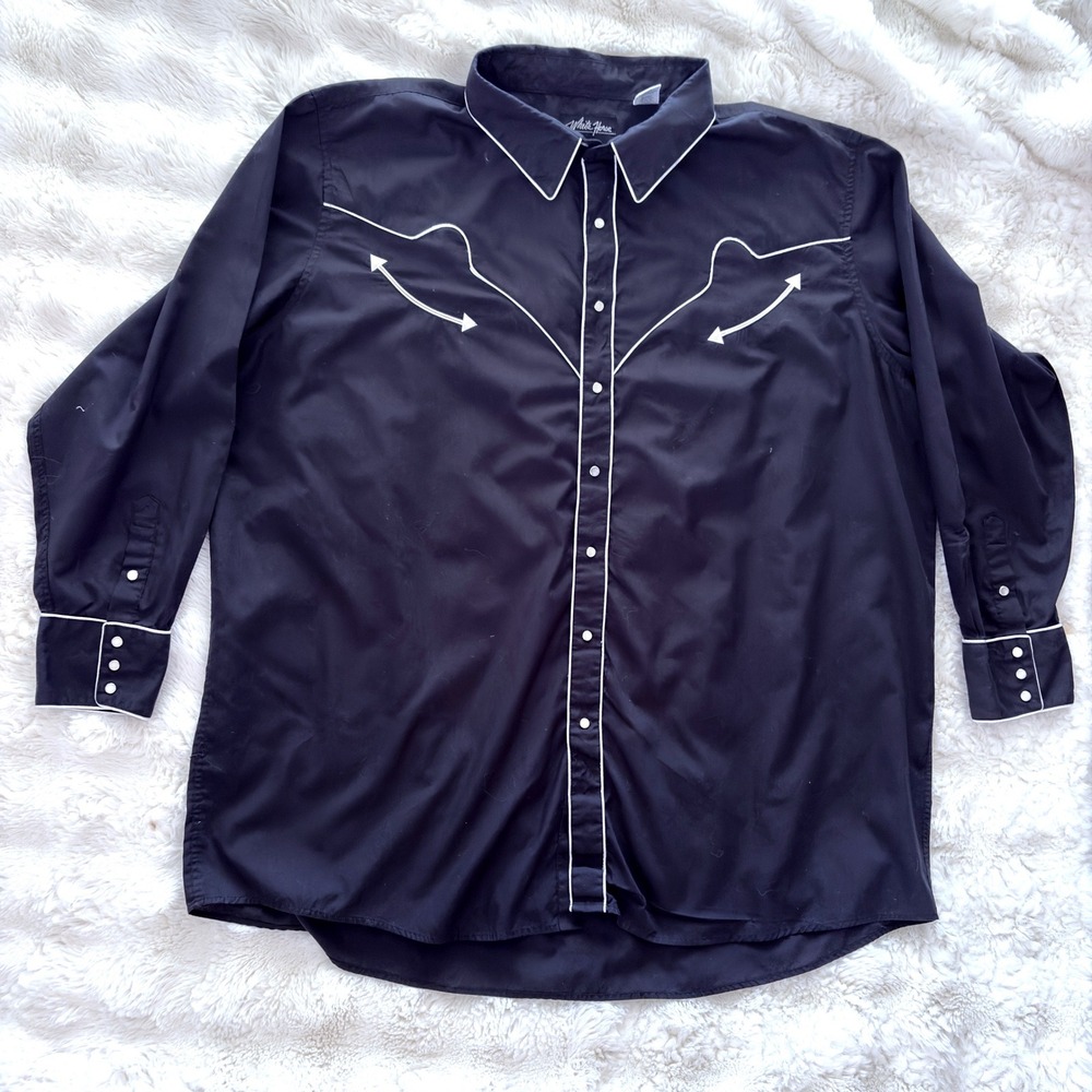 Western Snap Shirt Mens L XL Black Pearl Snap Cowboy Rockabilly Long Sleeve